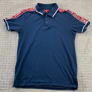Guess Polo Shirt Men Medium M Navy Blue Spell Out Shoulder Logo Casual Golf